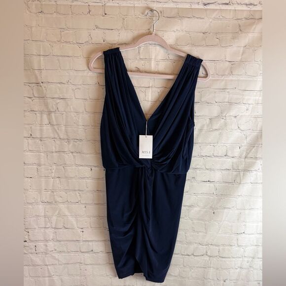MISA Los Angeles Teget Draped Mini Cocktail Dress Navy - Picture 2 of 15